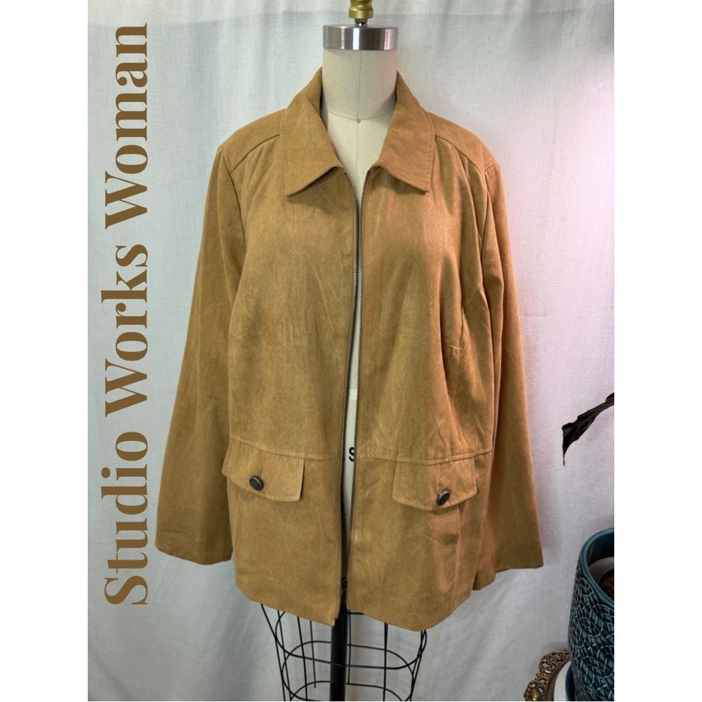 Studio Works Woman 16W Tan Suede Leather Jacket Zip Front Plus Size